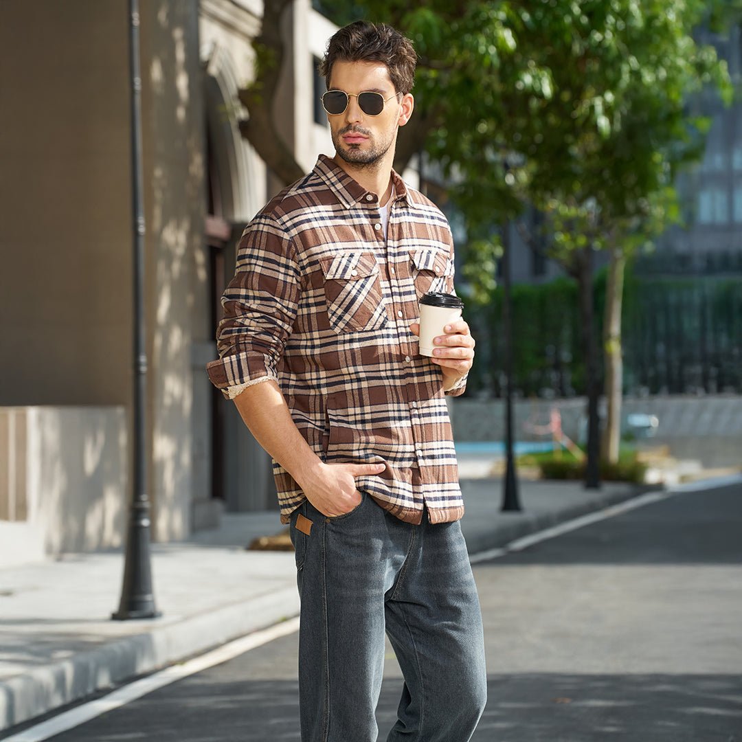 TACVASEN Grey Blue Flannel Shirt Jacket Fleece - Lined Multi Pockets