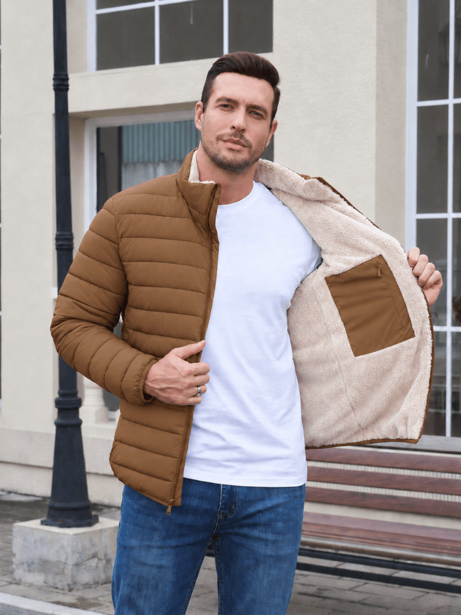 TACVASEN Light Brown Men's Fleece Lined Water Resistant Puffy Coat