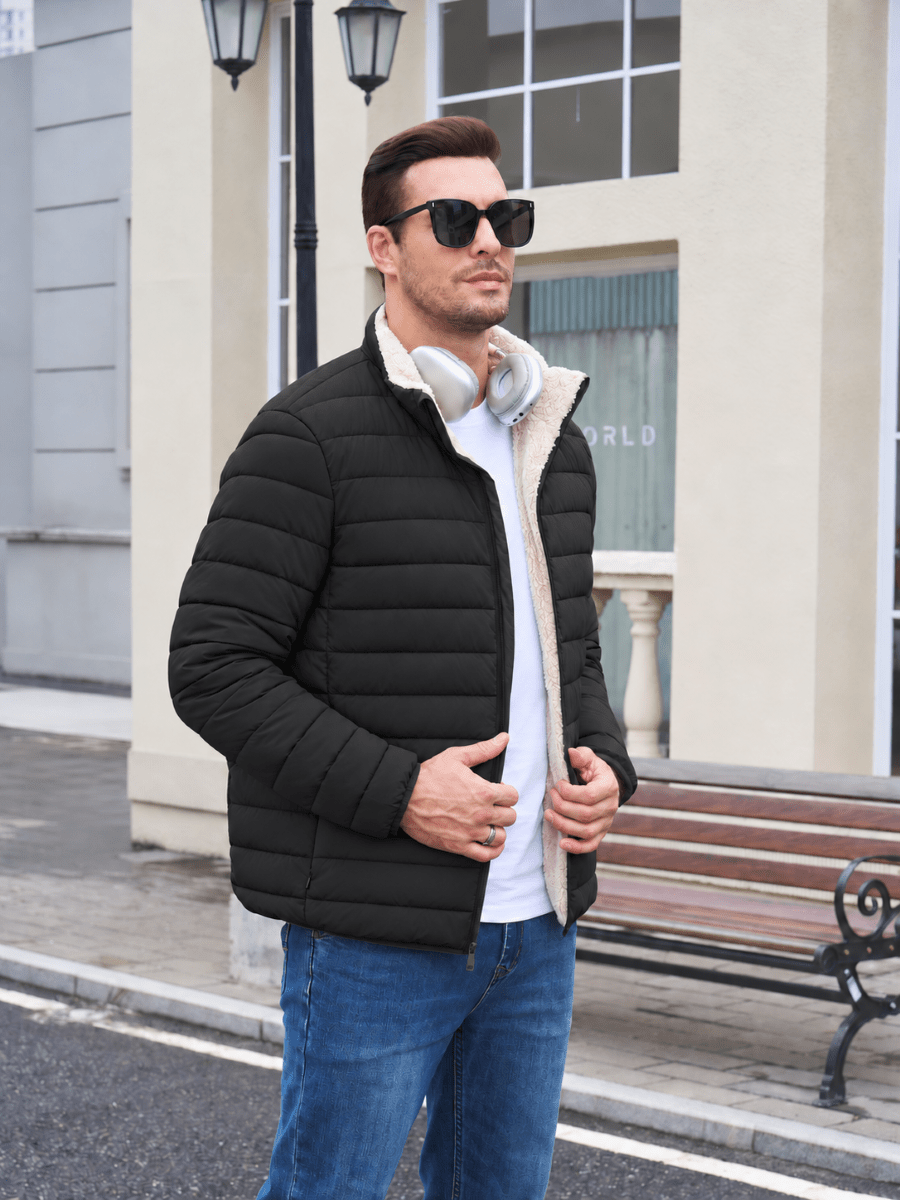 TACVASEN Black Men's Fleece Lined Water Resistant Puffy Coat