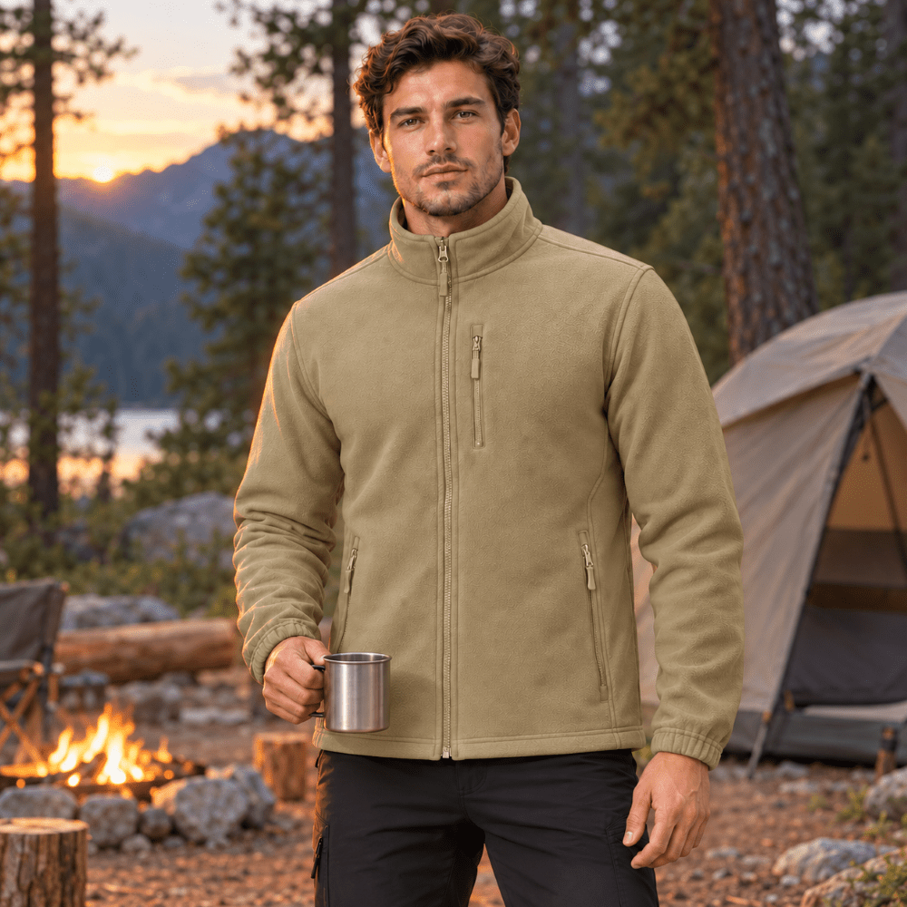 TACVASEN Khaki Men's Full Zip Up Fleece Jacket Lightweight Casual