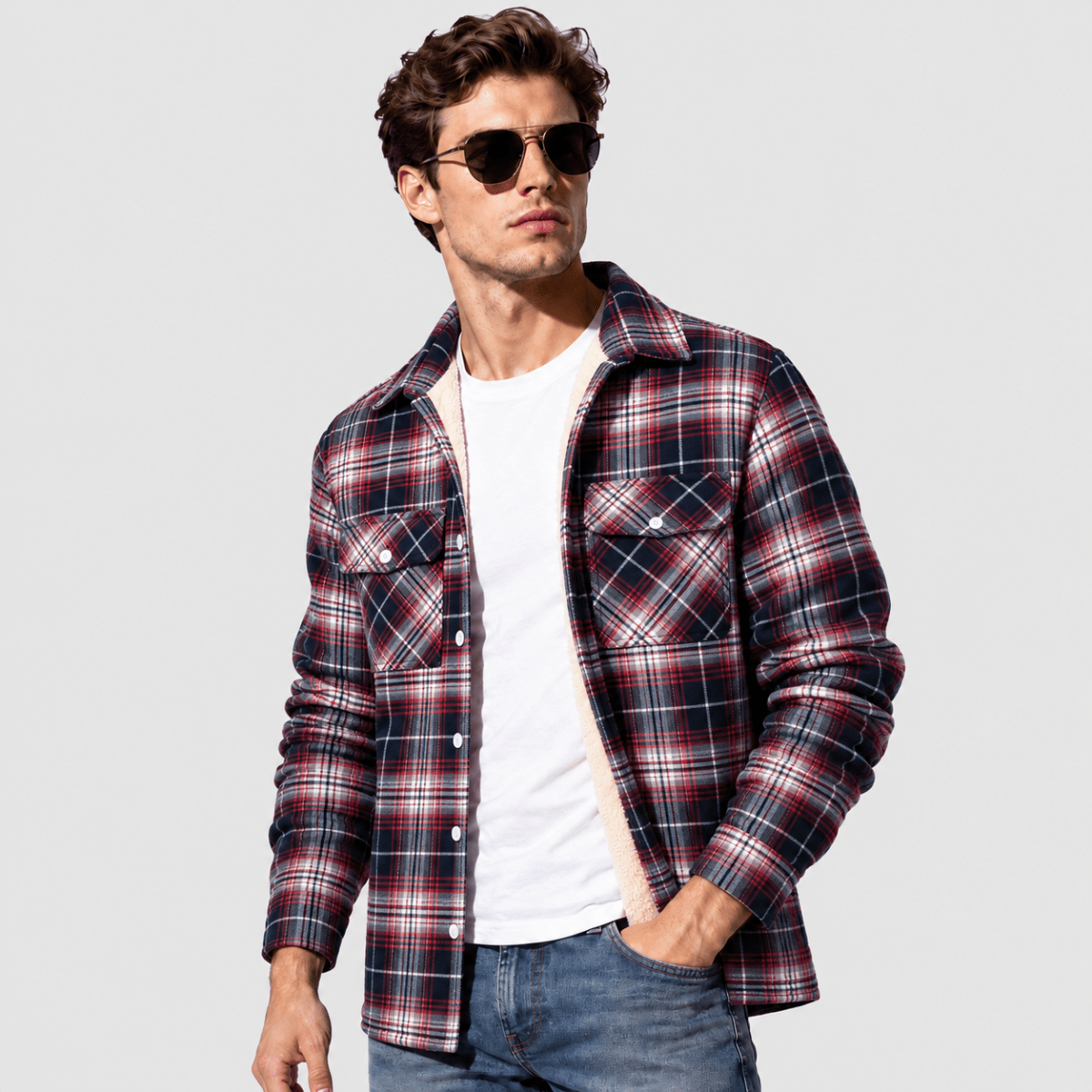 TACVASEN Red White Men's Heavyweight Casual Fleece Lined Flannel Work Jacket