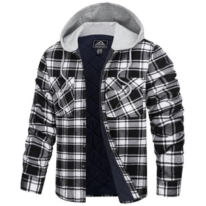 TACVASEN Black White Men's Hooded Thick Plaid Flannel Long Sleeve Winter Cotton Coat with Pockets