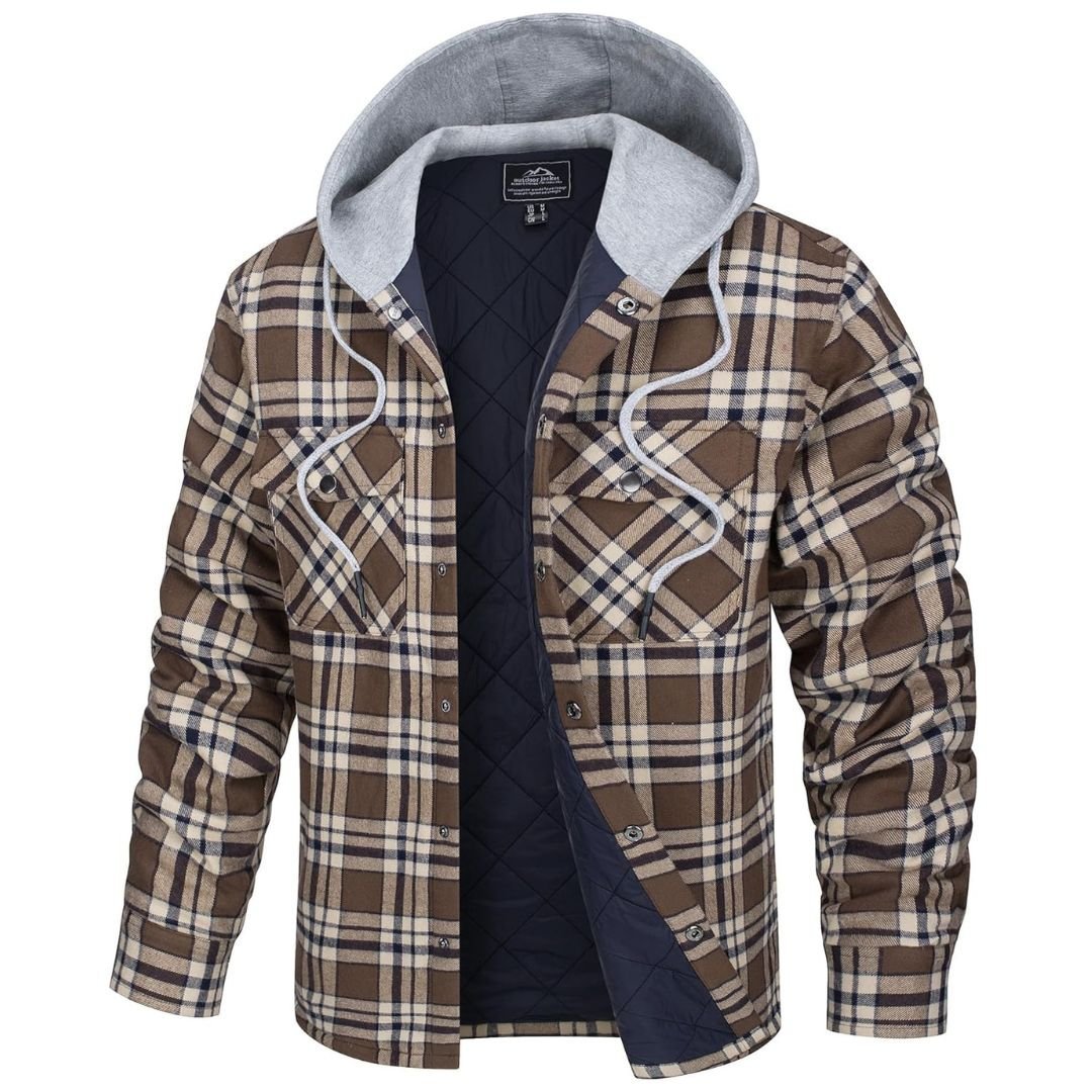 TACVASEN Brown Men's Hooded Thick Plaid Flannel Long Sleeve Winter Cotton Coat with Pockets