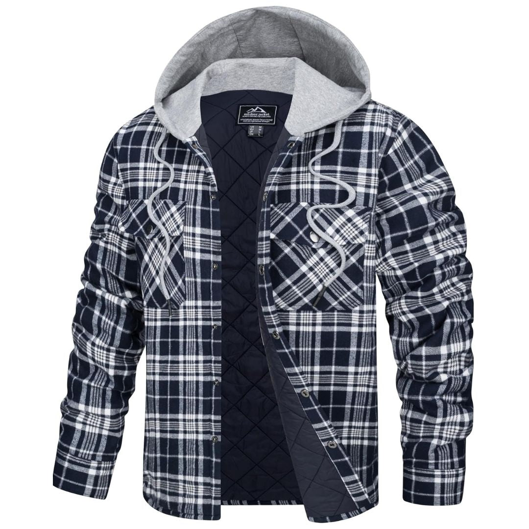 TACVASEN Navy Men's Hooded Thick Plaid Flannel Long Sleeve Winter Cotton Coat with Pockets
