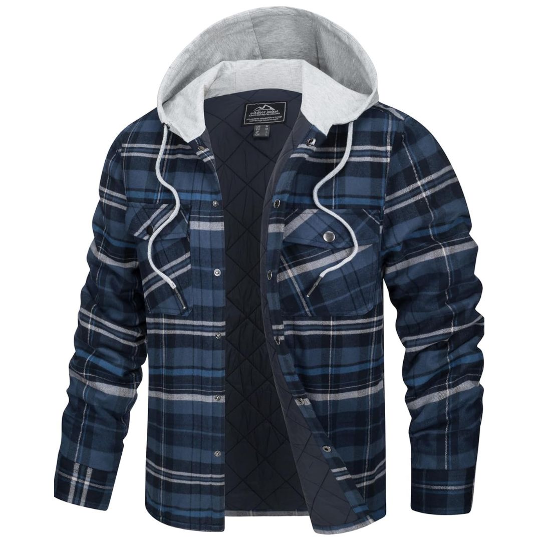 TACVASEN Blue Grey Men's Hooded Thick Plaid Flannel Long Sleeve Winter Cotton Coat with Pockets