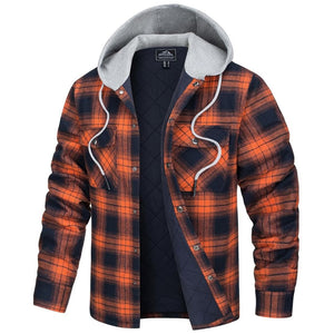 TACVASEN Orange Men's Hooded Thick Plaid Flannel Long Sleeve Winter Cotton Coat with Pockets