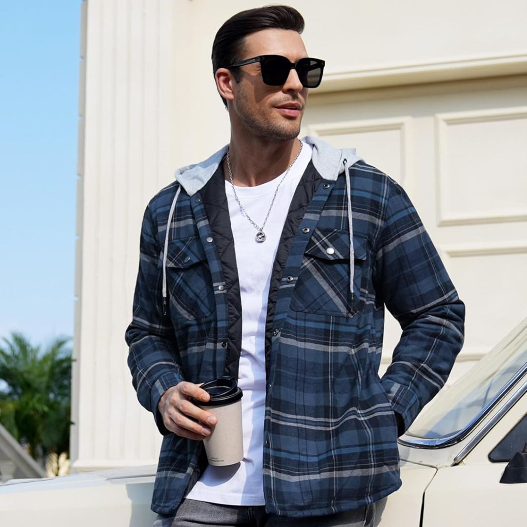 TACVASEN Blue Grey Men's Hooded Thick Plaid Flannel Long Sleeve Winter Cotton Coat with Pockets