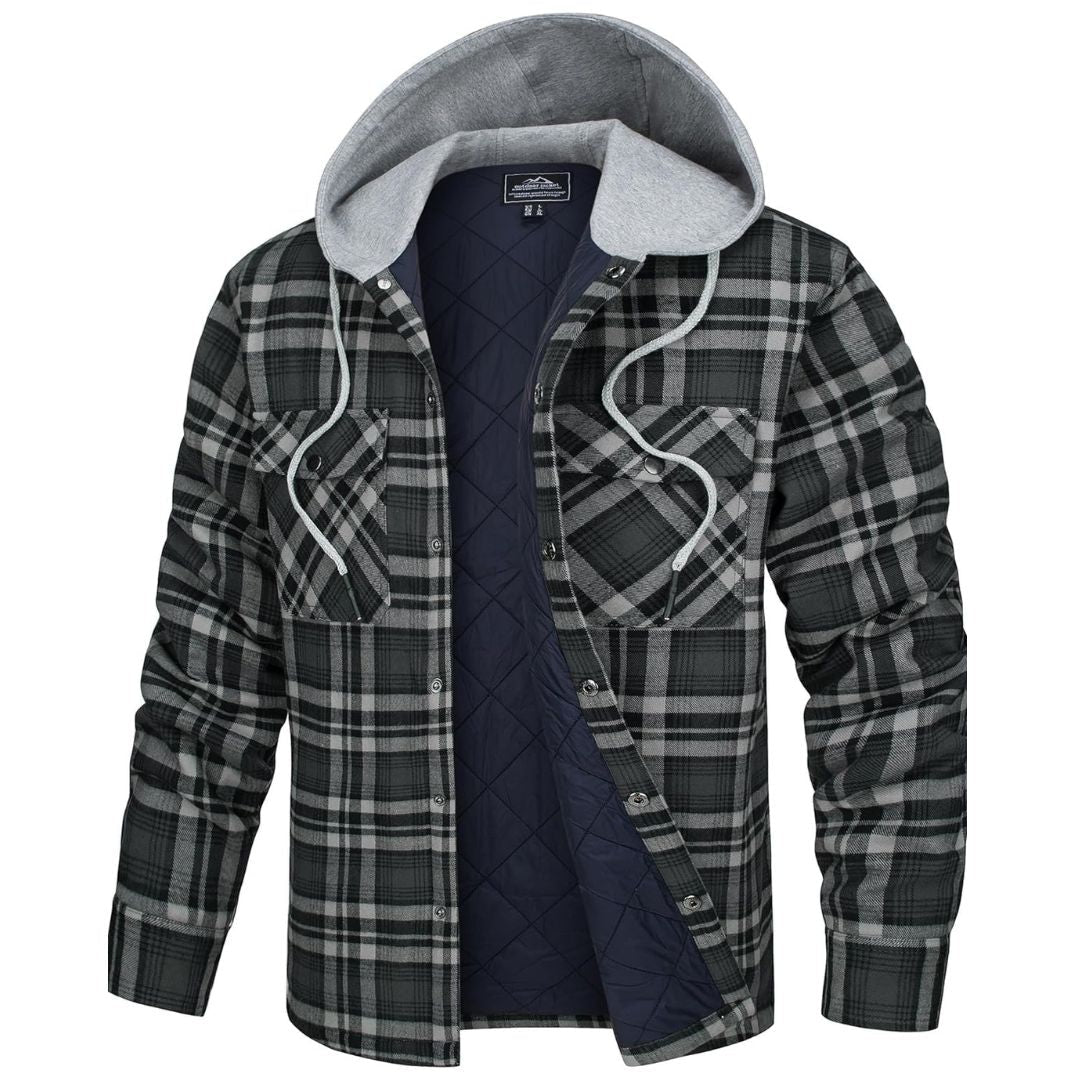 TACVASEN Black Grey Men's Hooded Thick Plaid Flannel Long Sleeve Winter Cotton Coat with Pockets