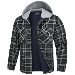 TACVASEN Black Grey Men's Hooded Thick Plaid Flannel Long Sleeve Winter Cotton Coat with Pockets