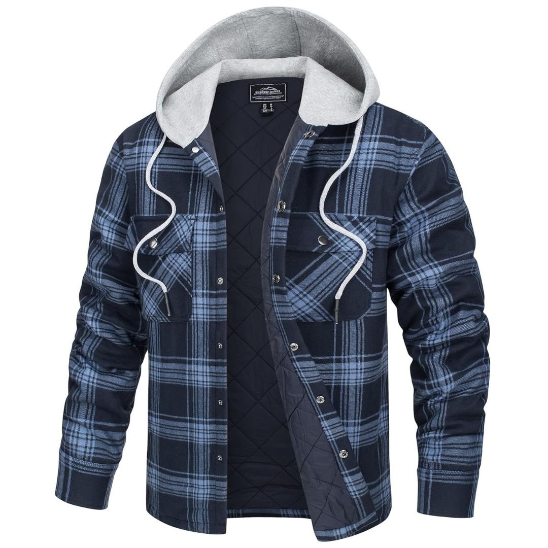 TACVASEN Grey Blue Men's Hooded Thick Plaid Flannel Long Sleeve Winter Cotton Coat with Pockets