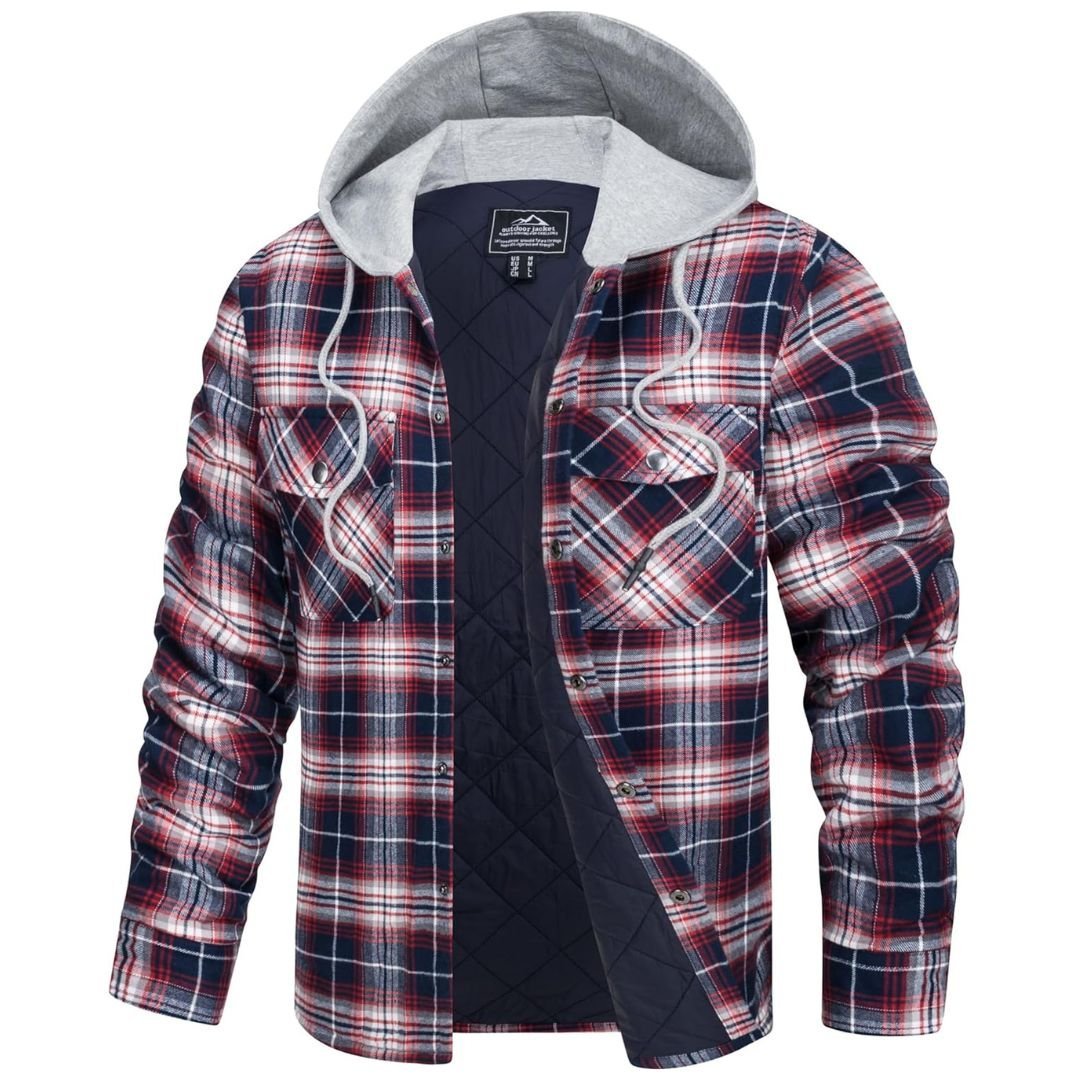 TACVASEN Red White Men's Hooded Thick Plaid Flannel Long Sleeve Winter Cotton Coat with Pockets