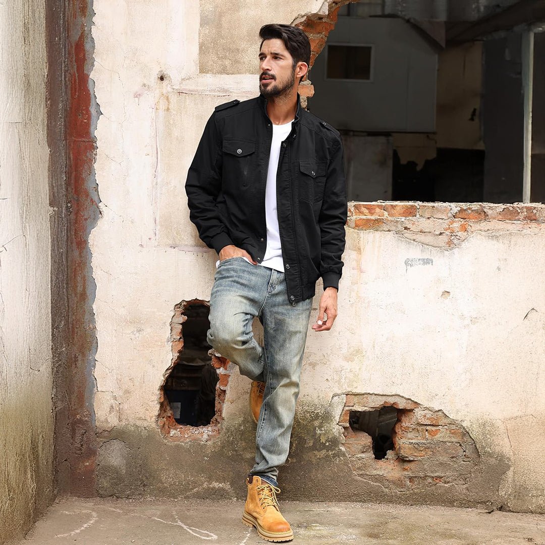 TACVASEN Black Men's Lightweight Casual Cotton Cargo Jacket