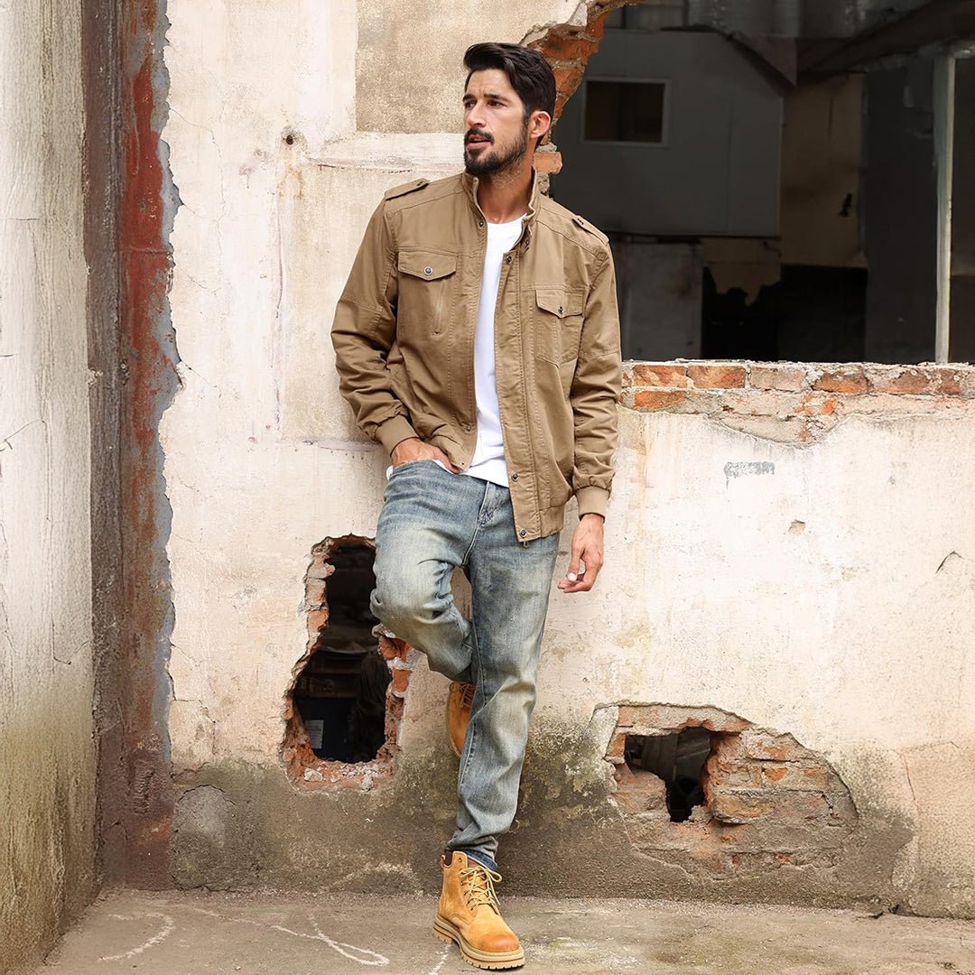 TACVASEN Khaki Men's Lightweight Casual Cotton Cargo Jacket