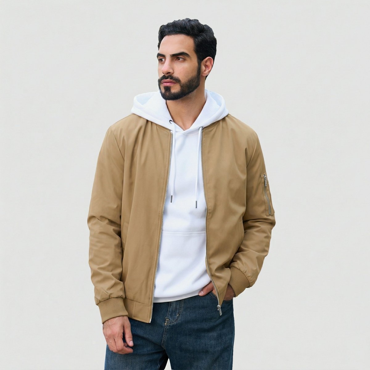 TACVASEN Khaki Men's Lightweight Multi Pocket Jacket - Bomber Windbreaker for Work