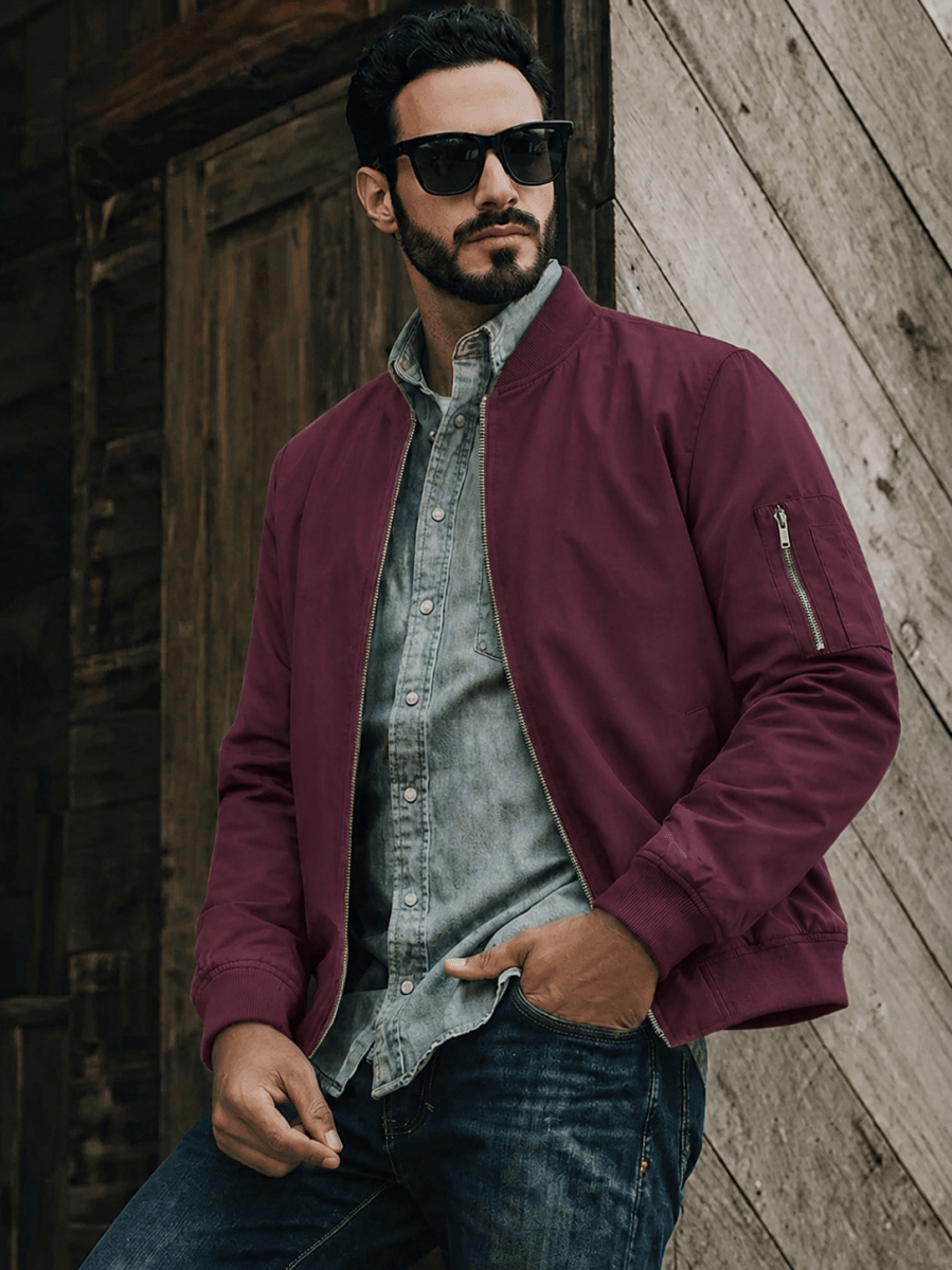 TACVASEN Wine Red Men's Lightweight Multi Pocket Jacket - Bomber Windbreaker for Work