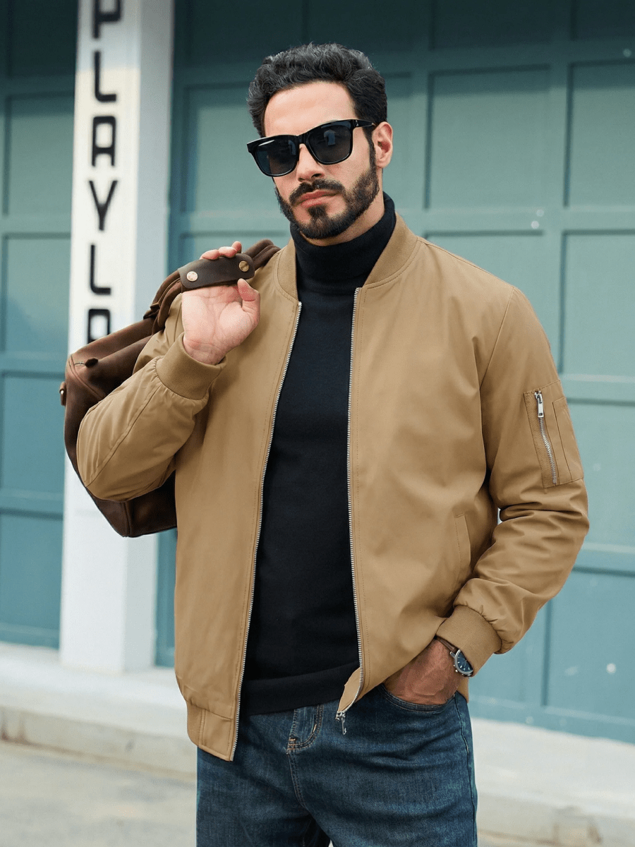 TACVASEN Khaki Men's Lightweight Multi Pocket Jacket - Bomber Windbreaker for Work