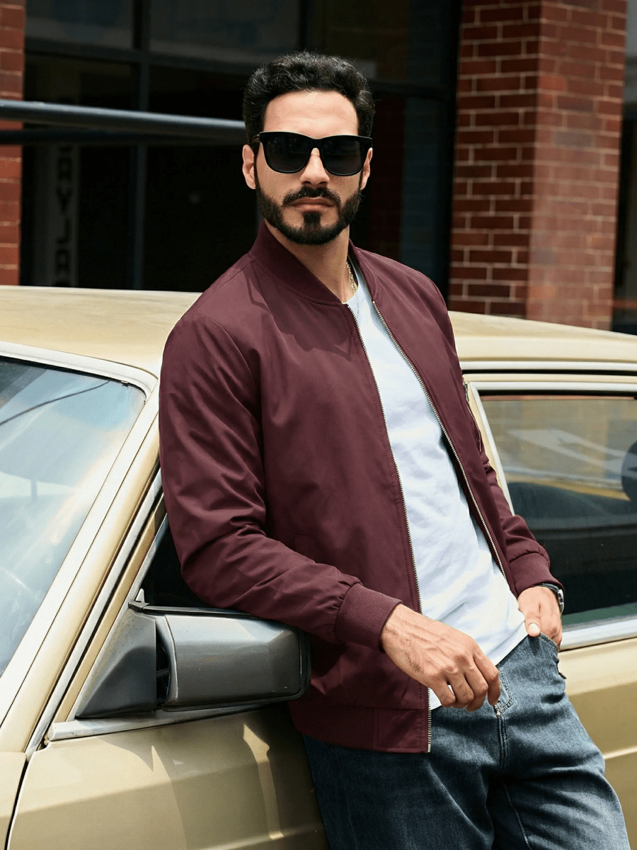 TACVASEN Wine Red Men's Lightweight Multi Pocket Jacket - Bomber Windbreaker for Work