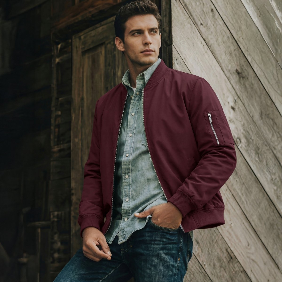 TACVASEN Wine Red Men's Lightweight Multi Pocket Jacket - Bomber Windbreaker for Work