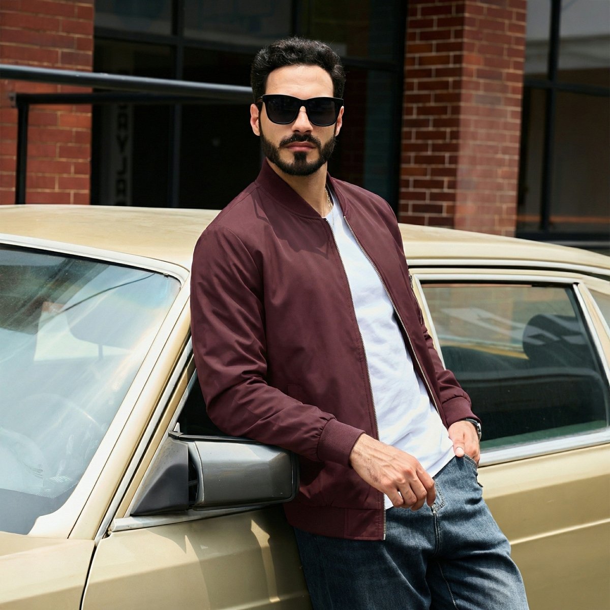 TACVASEN Wine Red Men's Lightweight Multi Pocket Jacket - Bomber Windbreaker for Work
