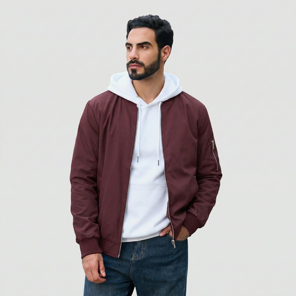TACVASEN Wine Red Men's Lightweight Multi Pocket Jacket - Bomber Windbreaker for Work