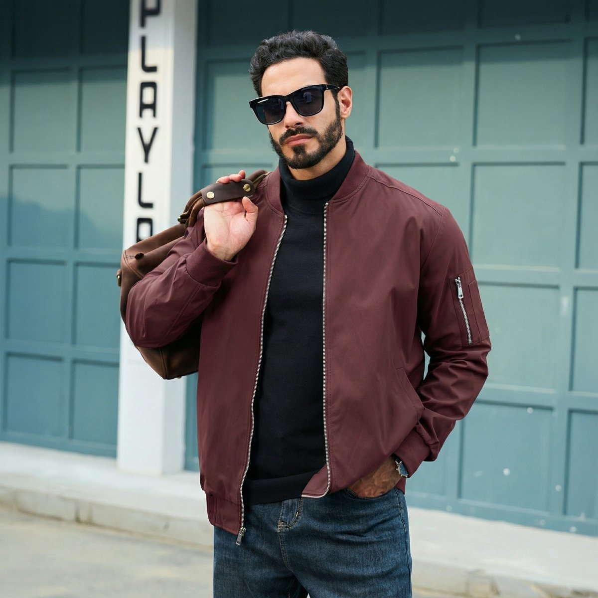 TACVASEN Wine Red Men's Lightweight Multi Pocket Jacket - Bomber Windbreaker for Work