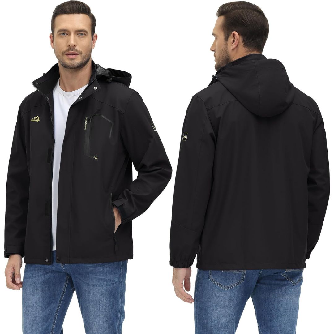 TACVASEN Black Men's Waterproof Outdoor Hiking Jacket with Zipped Pockets