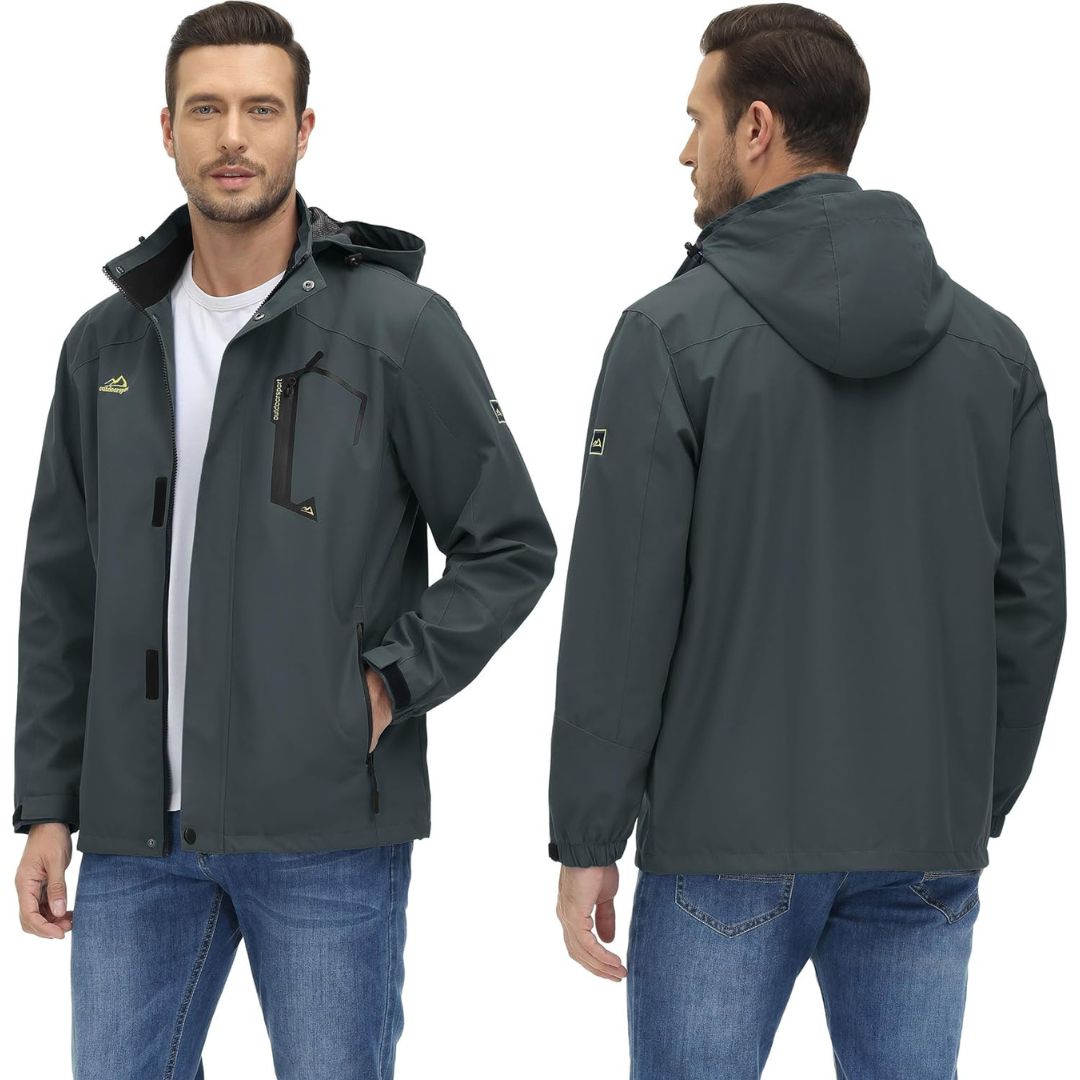 TACVASEN Grey Men's Waterproof Outdoor Hiking Jacket with Zipped Pockets