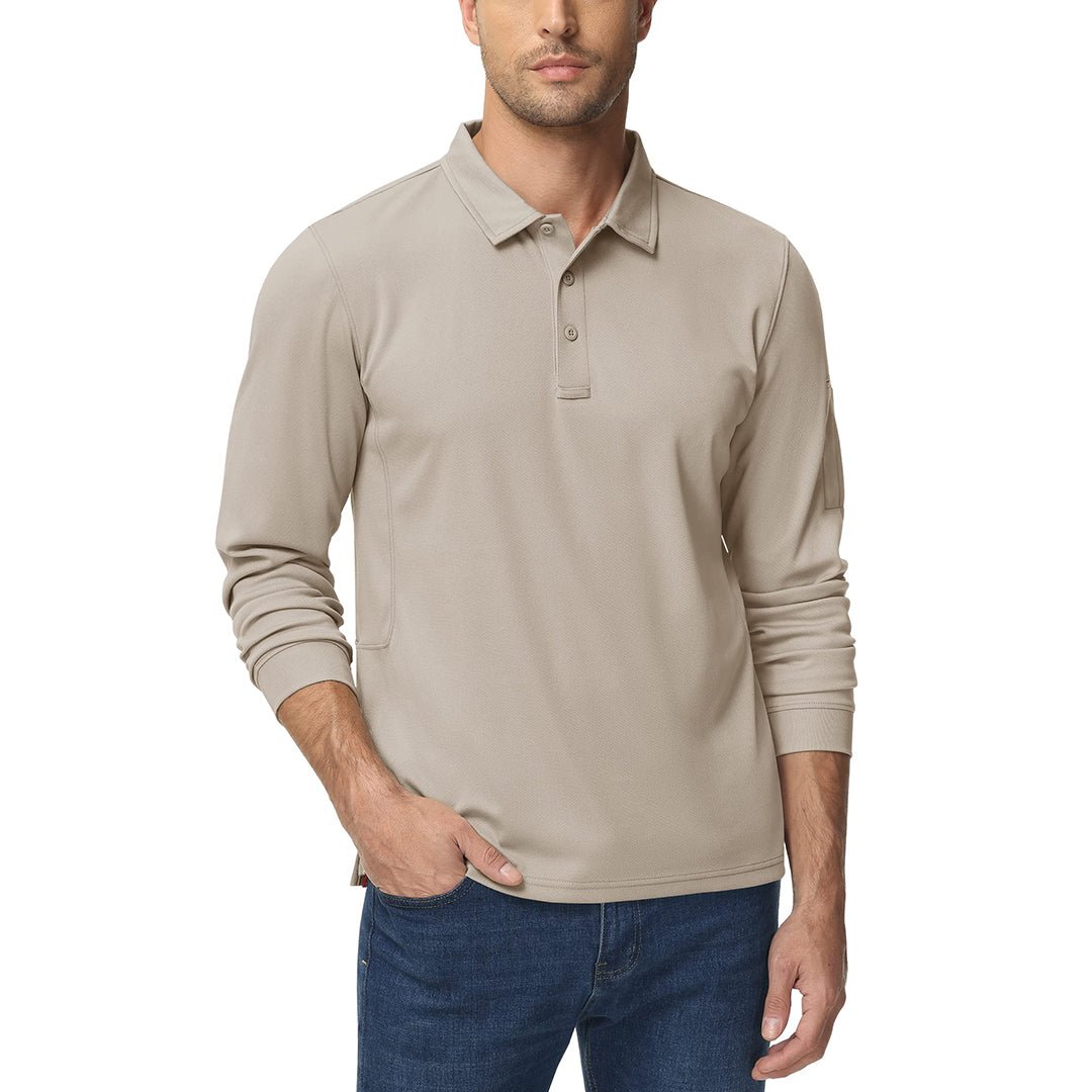TACVASEN Khaki Long Sleeve Quick Dry Tactical Performance Polo Shirt