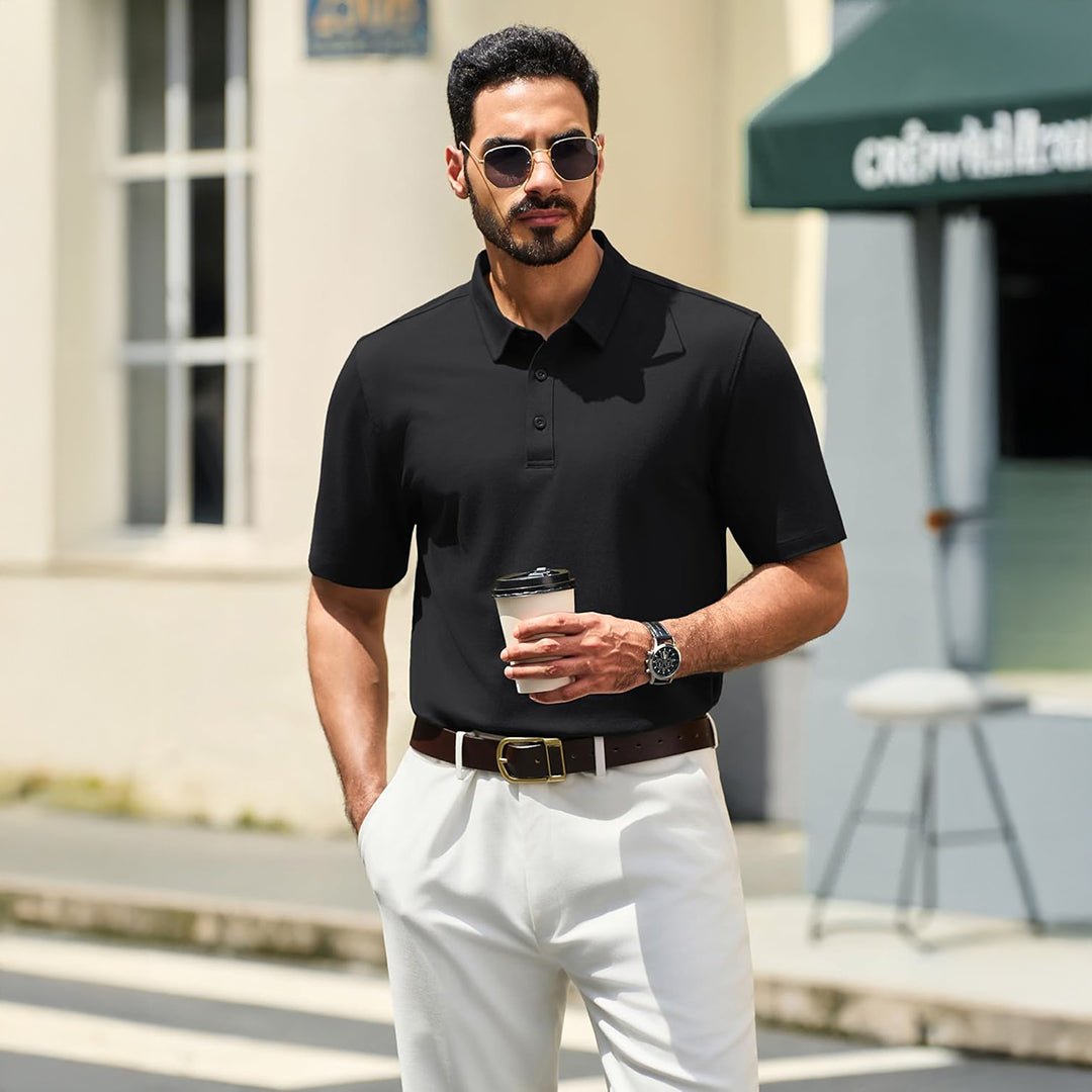 TACVASEN Black Men's Pique Polo Shirt Short Sleeve Cooling Golf Top