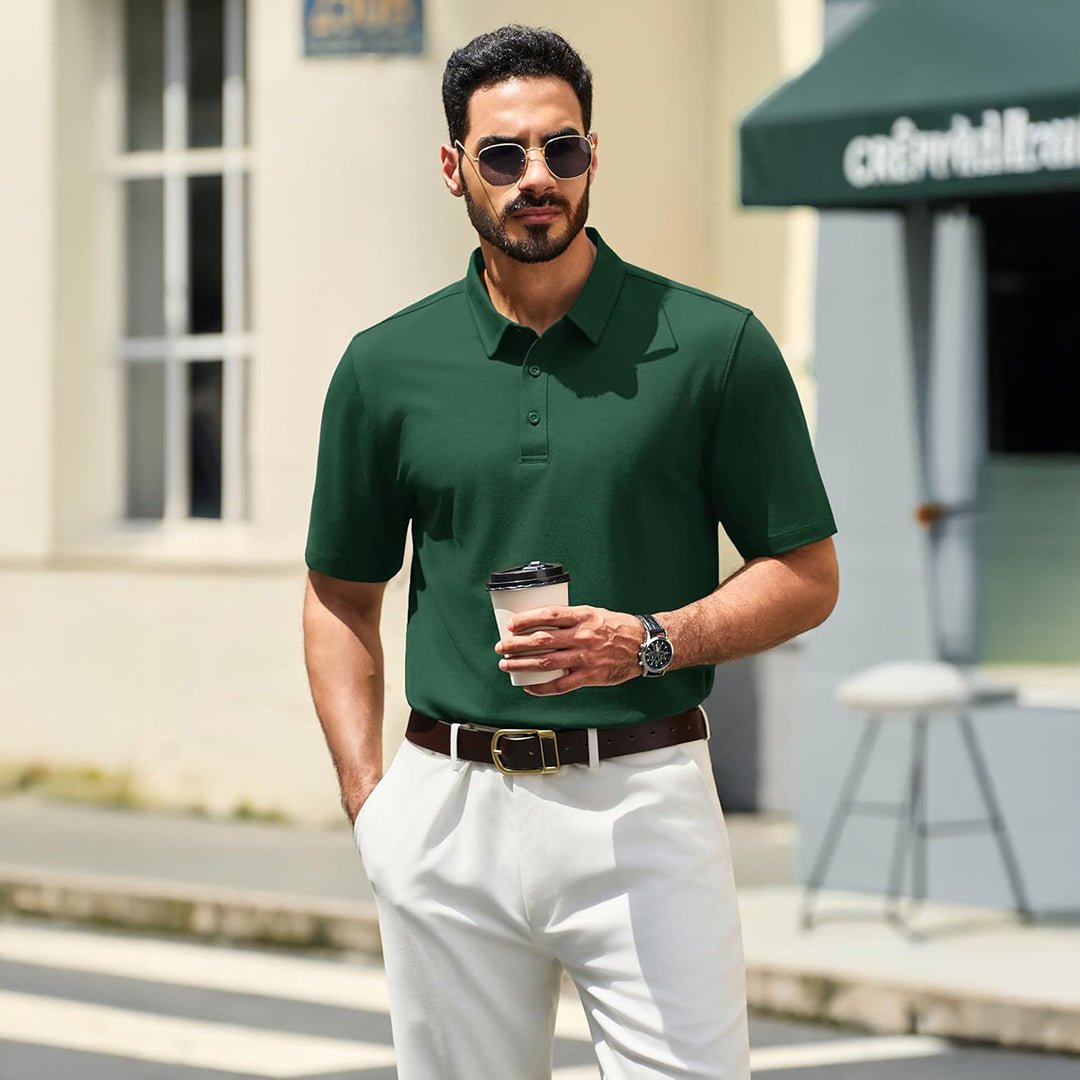 TACVASEN Dark Green Men's Pique Polo Shirt Short Sleeve Cooling Golf Top