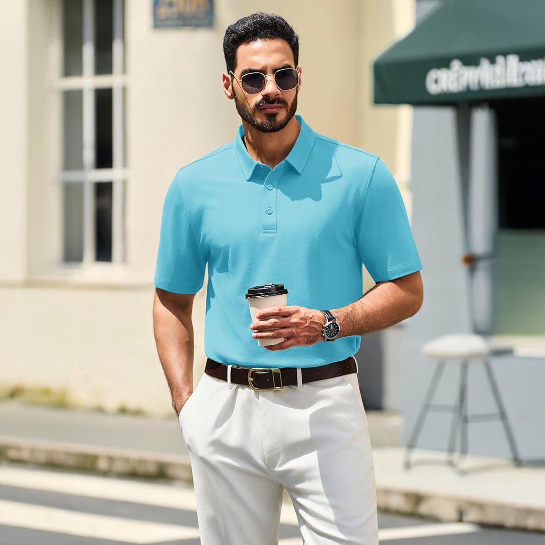 TACVASEN Sky Blue Men's Pique Polo Shirt Short Sleeve Cooling Golf Top