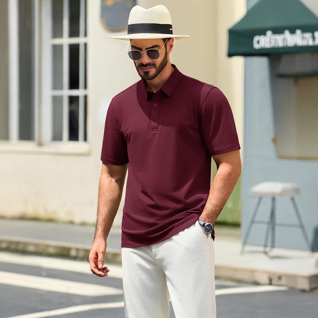 TACVASEN Wine Red Men's Pique Polo Shirt Short Sleeve Cooling Golf Top