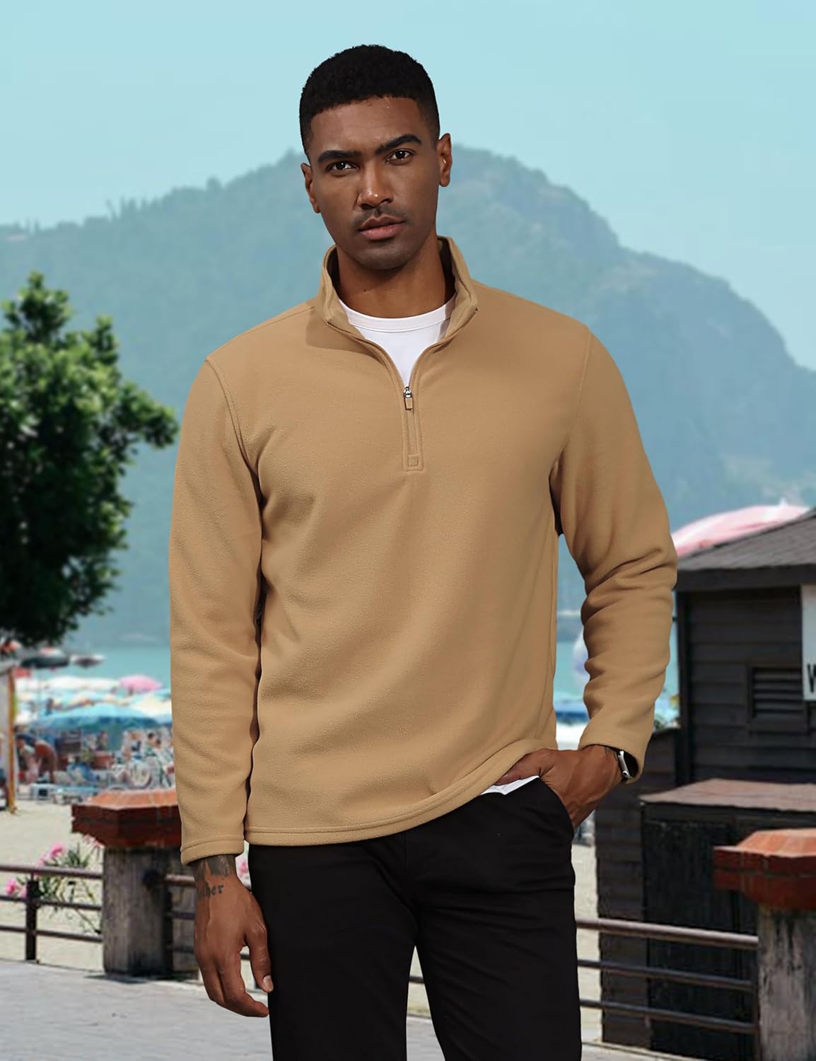 TACVASEN Khaki Men's Pullover Workout Fleece 1/4 Zip Uncw Vintage Sweatshirts