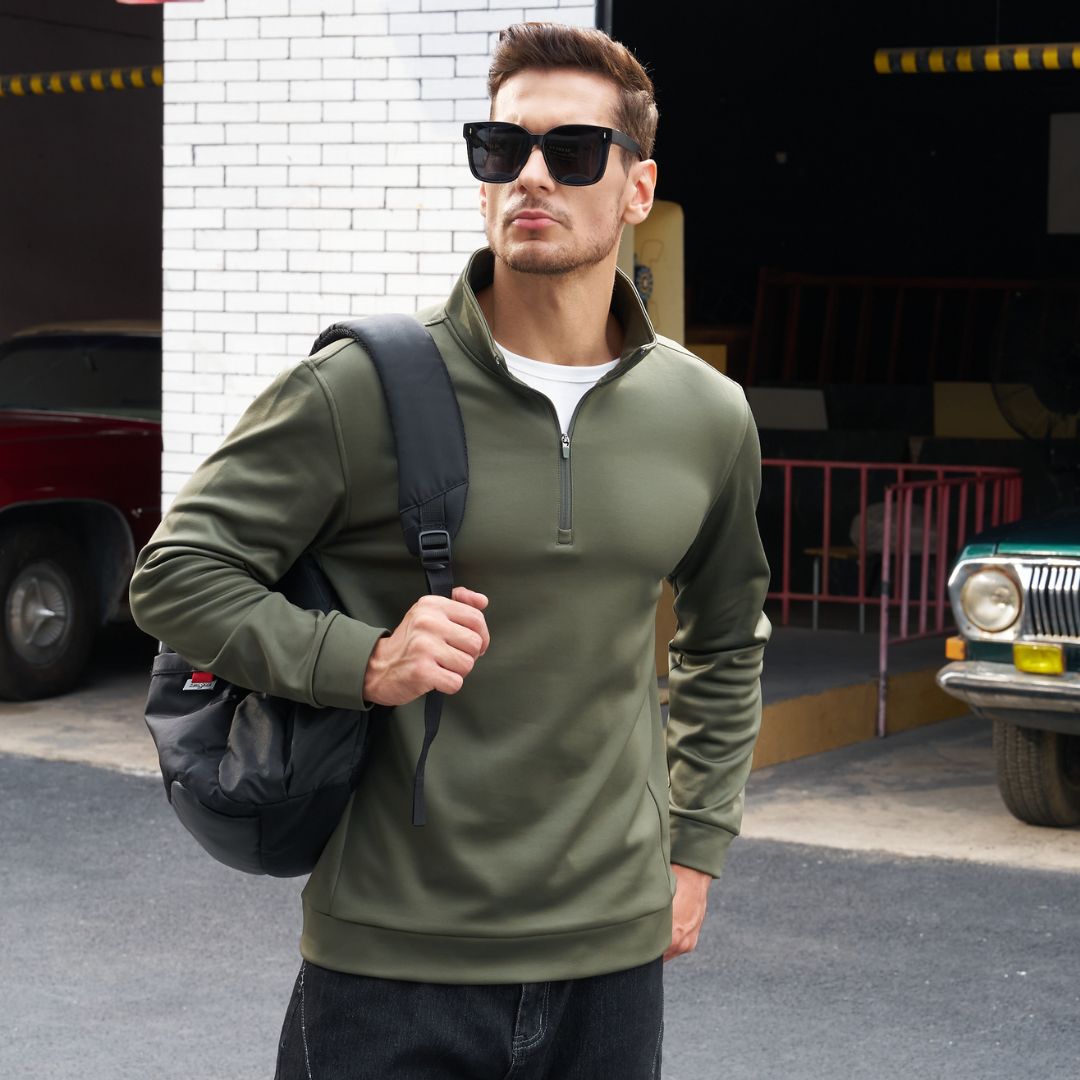 TACVASEN Army Green Men's Quarter Zip Pullover Sweatshirts Lightweight Fleece Lined