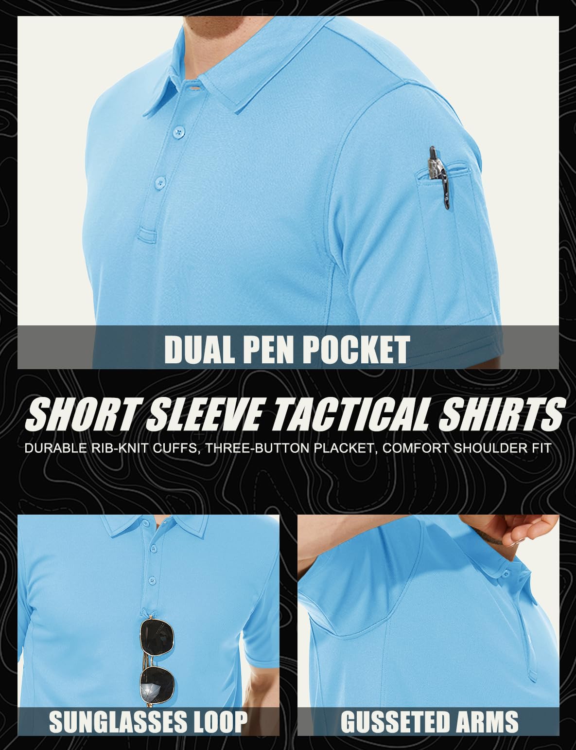 TACVASEN Black Quick Dry Tactical Polo Top Short Sleeve Shirt
