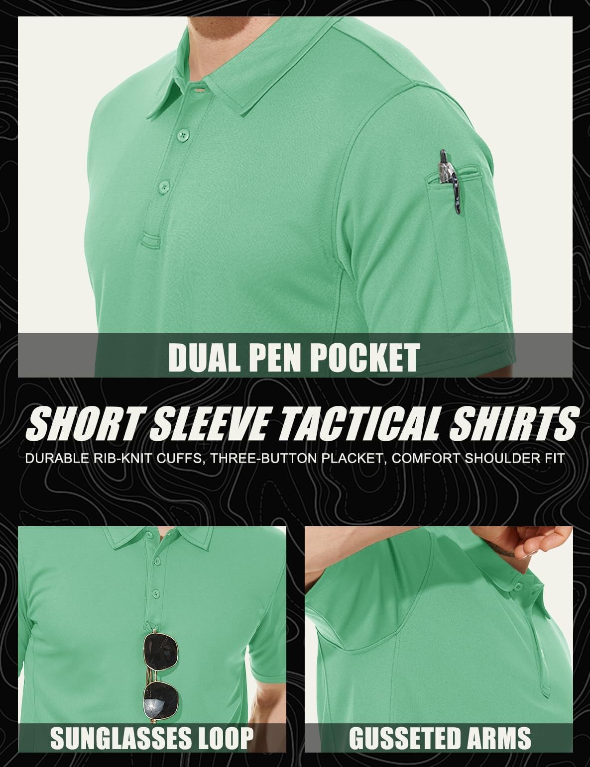 TACVASEN Black Quick Dry Tactical Polo Top Short Sleeve Shirt