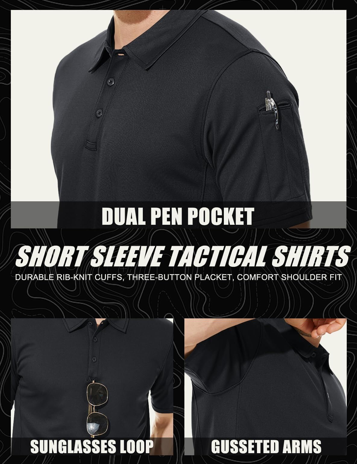 TACVASEN Black Quick Dry Tactical Polo Top Short Sleeve Shirt