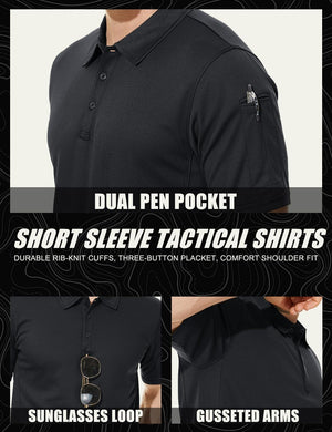 TACVASEN Black Quick Dry Tactical Polo Top Short Sleeve Shirt