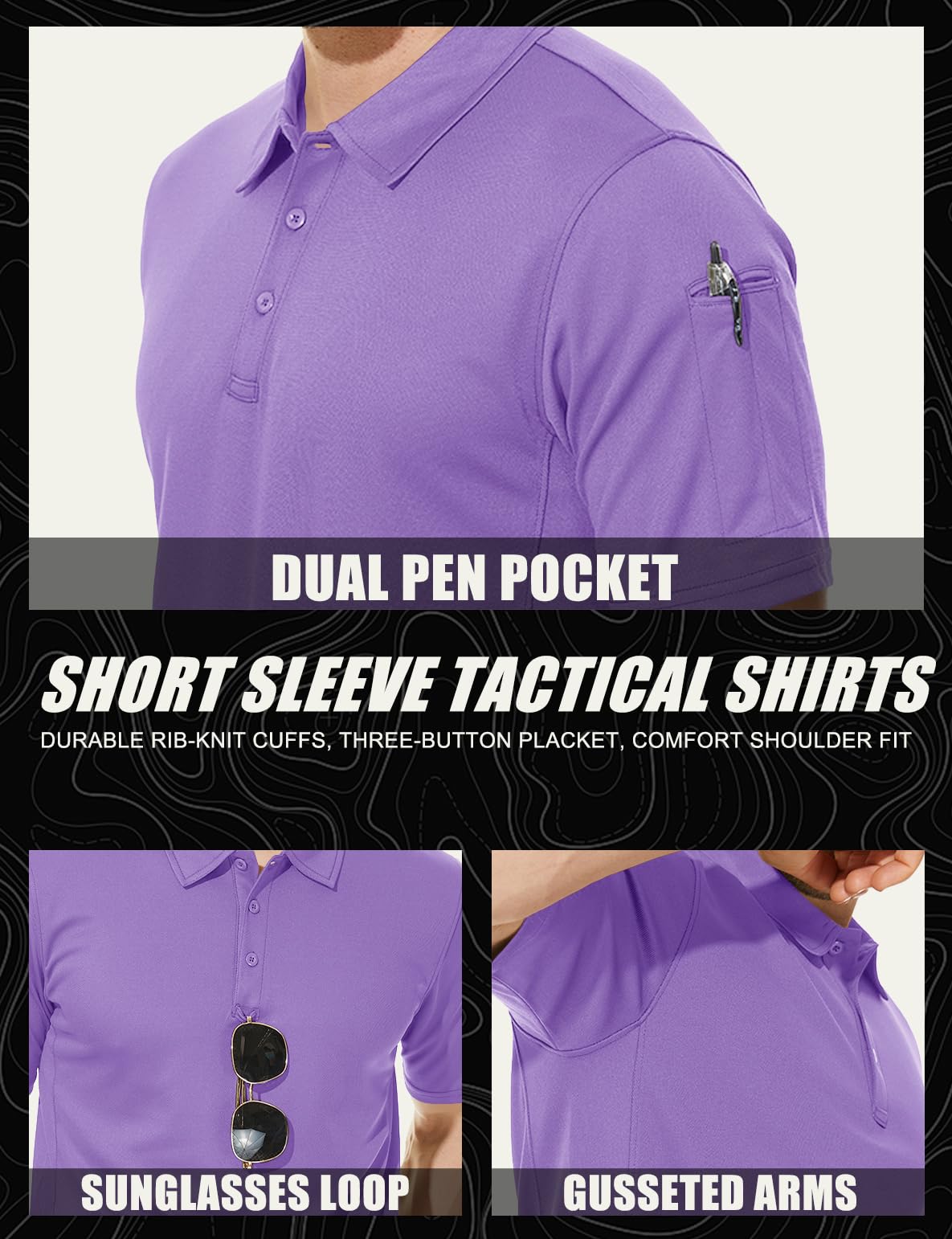 TACVASEN Black Quick Dry Tactical Polo Top Short Sleeve Shirt