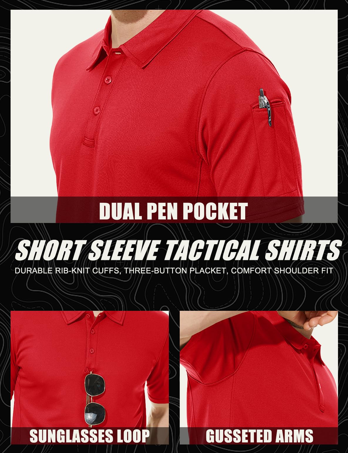 TACVASEN Black Quick Dry Tactical Polo Top Short Sleeve Shirt