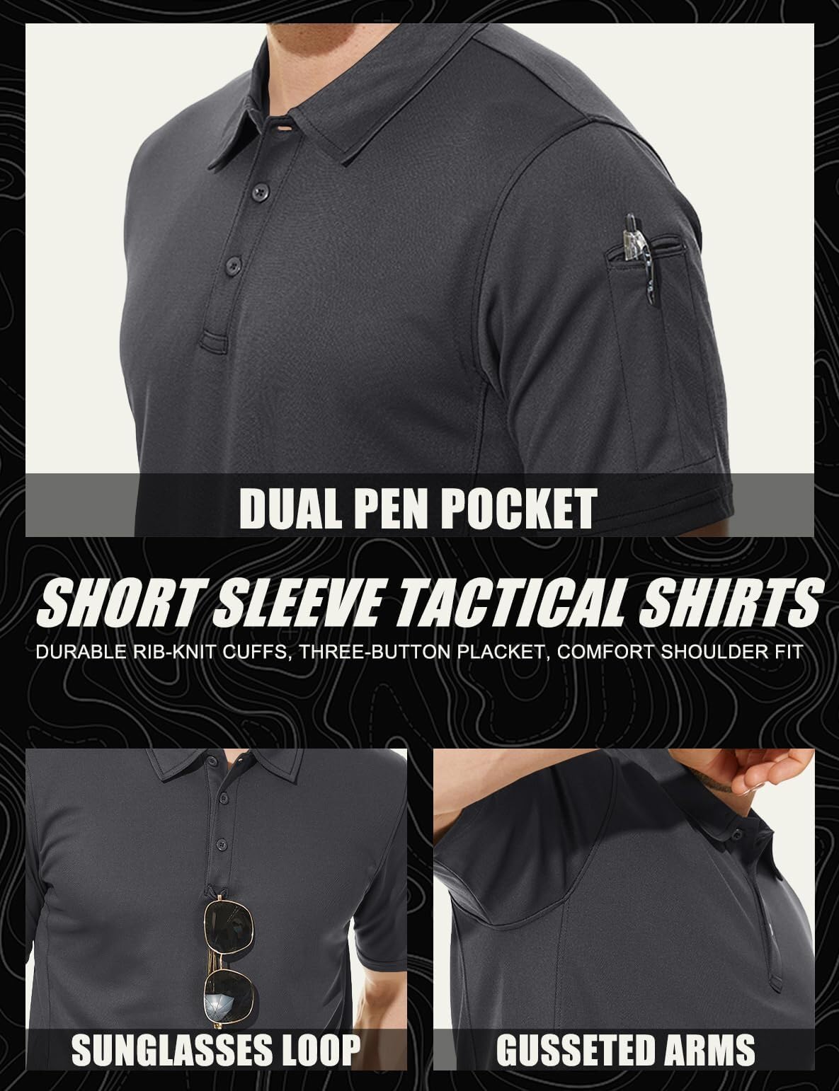 TACVASEN Black Quick Dry Tactical Polo Top Short Sleeve Shirt
