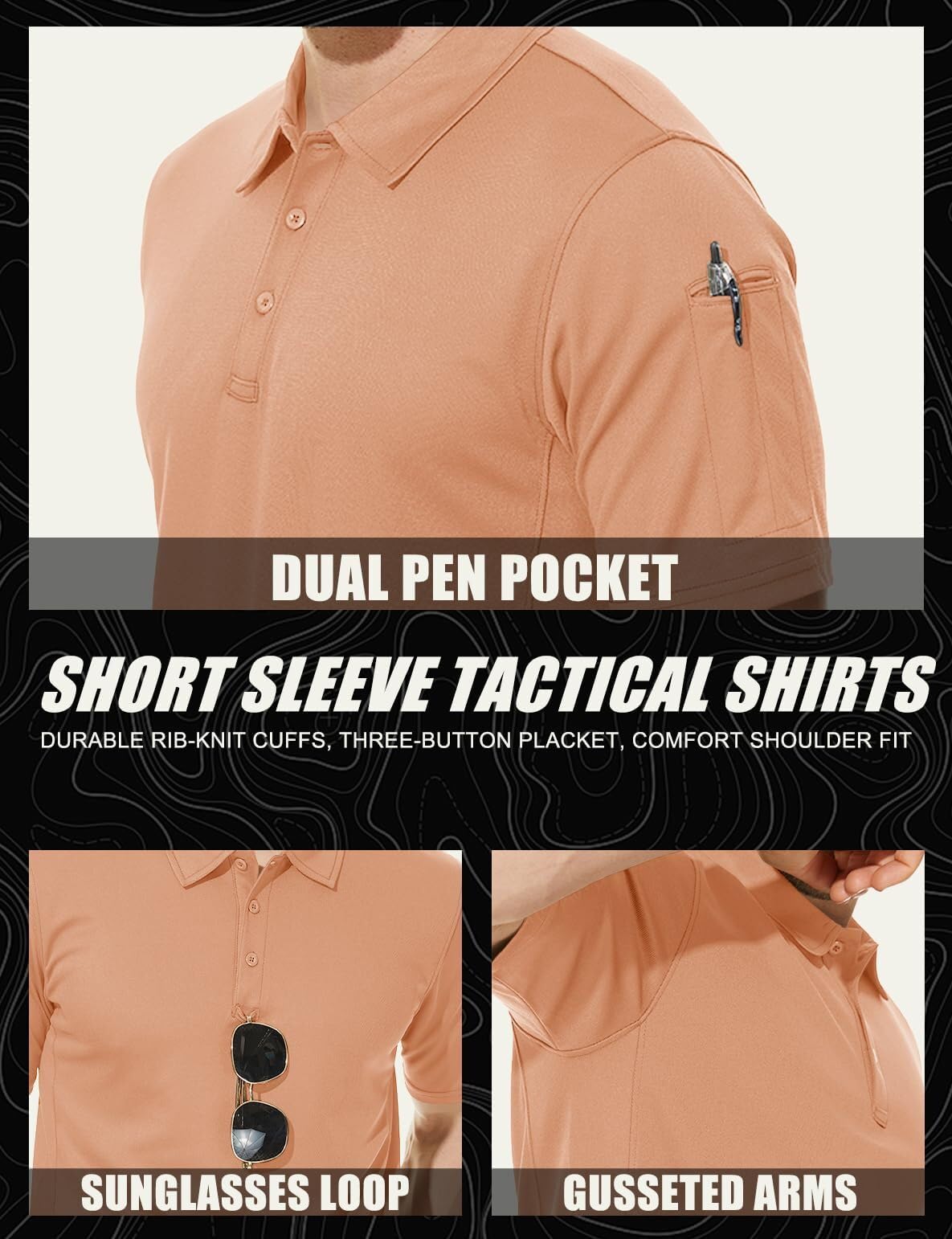 TACVASEN Black Quick Dry Tactical Polo Top Short Sleeve Shirt