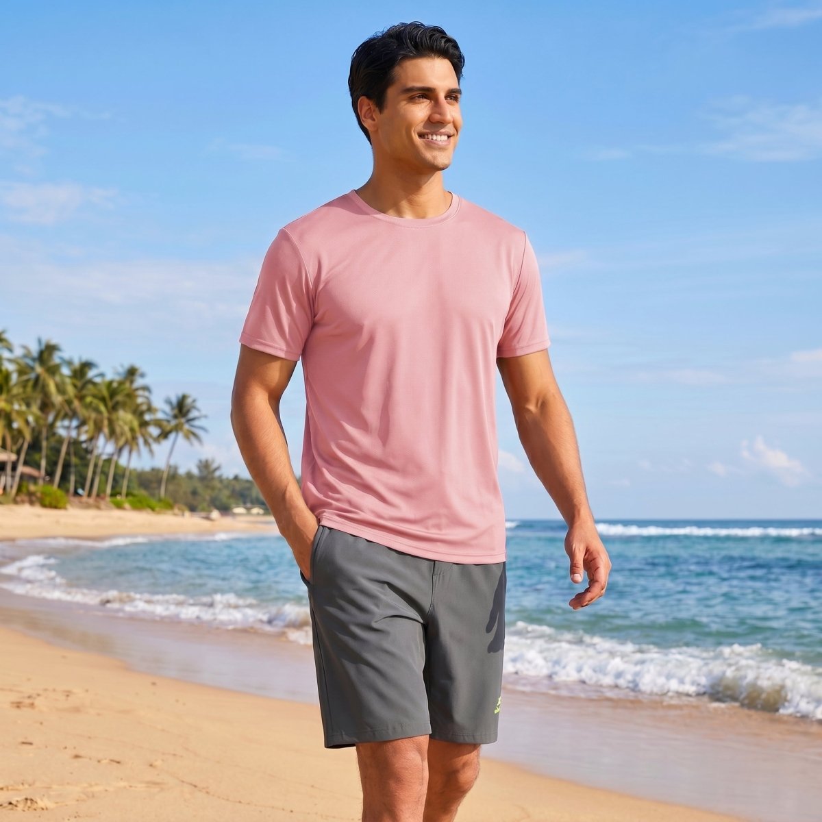 TACVASEN Grey Pink Men's Quick - Dry Sun Protection Rash Guard T-Shirts