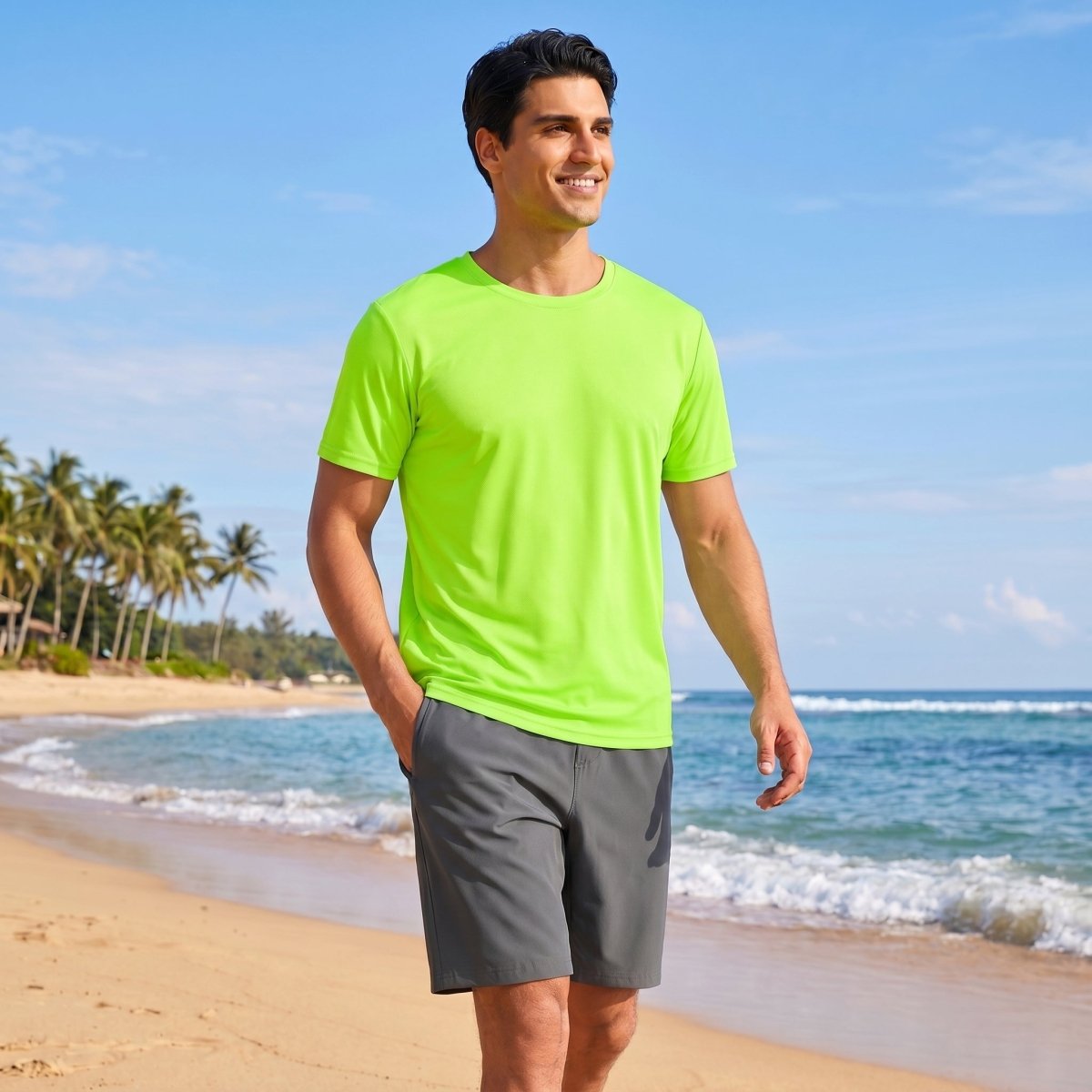 TACVASEN Fluorescent Green Men's Quick - Dry Sun Protection Rash Guard T-Shirts