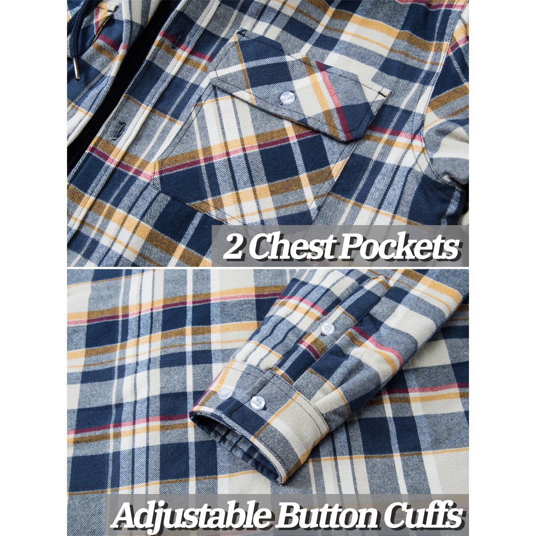 TACVASEN Blue Men's Quilted Plaid Flannel Detachable Hooded Jacket