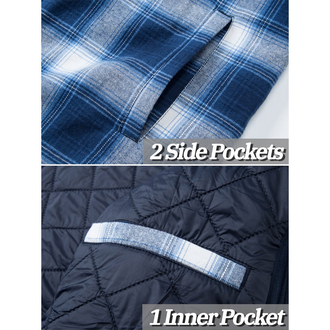 TACVASEN Blue Men's Quilted Plaid Flannel Detachable Hooded Jacket