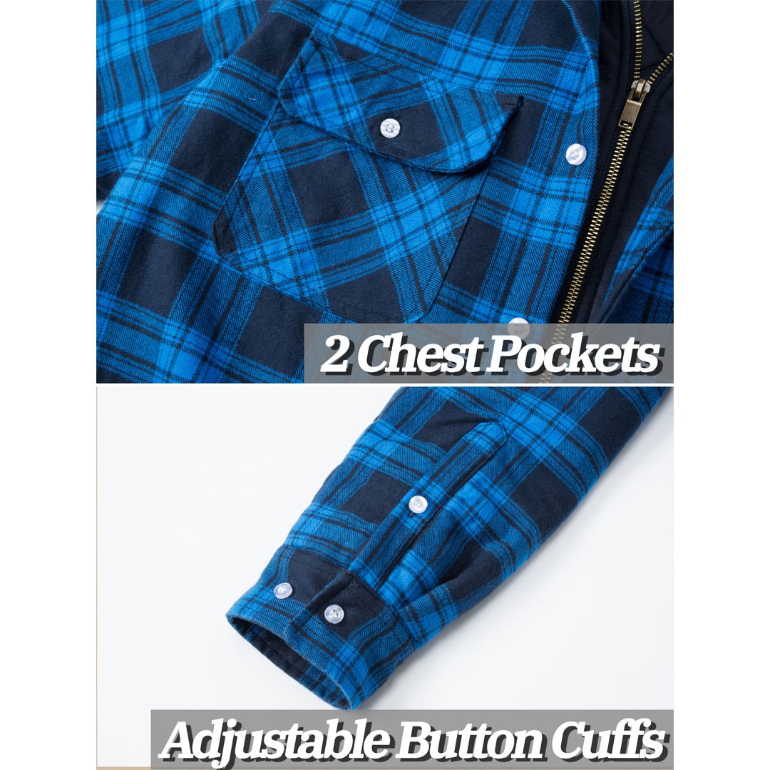 TACVASEN Blue Men's Quilted Plaid Flannel Detachable Hooded Jacket