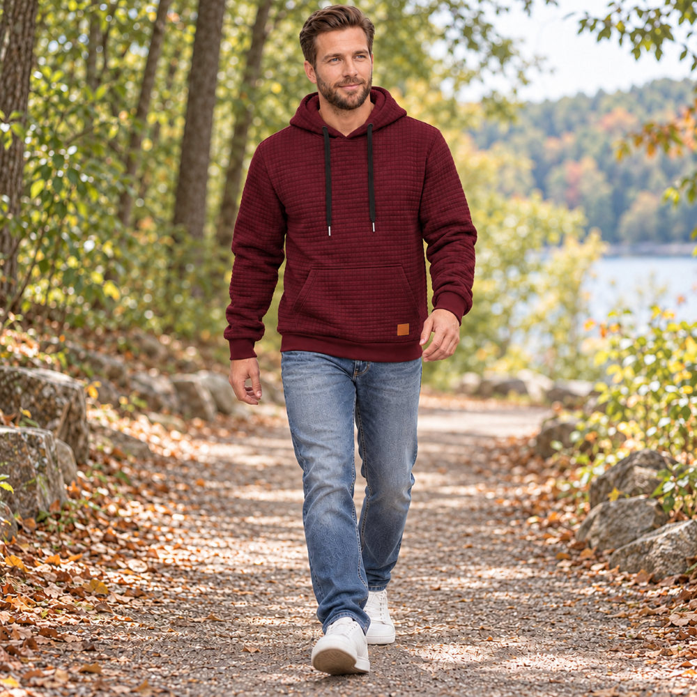 TACVASEN Wine Red Men's Small Square Texture Hooded Pullover Shirt
