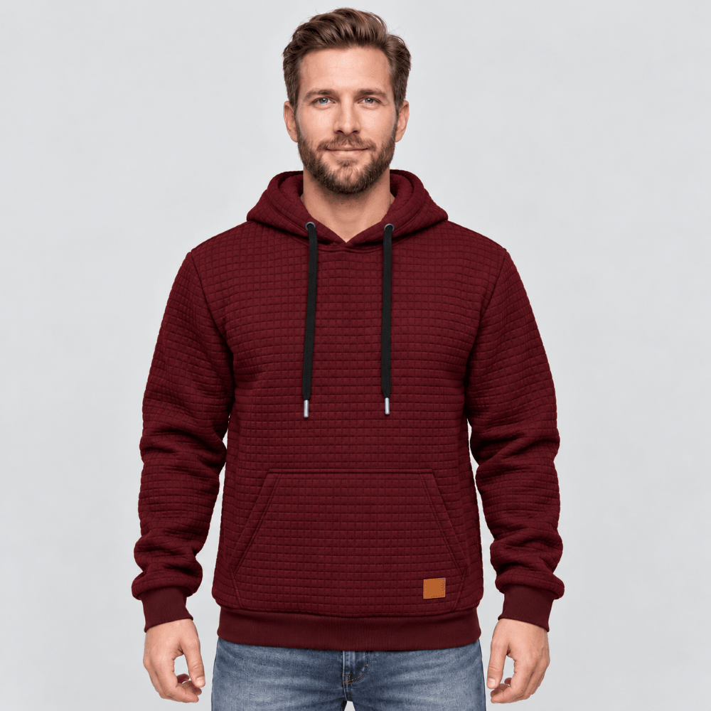 TACVASEN Wine Red Men's Small Square Texture Hooded Pullover Shirt