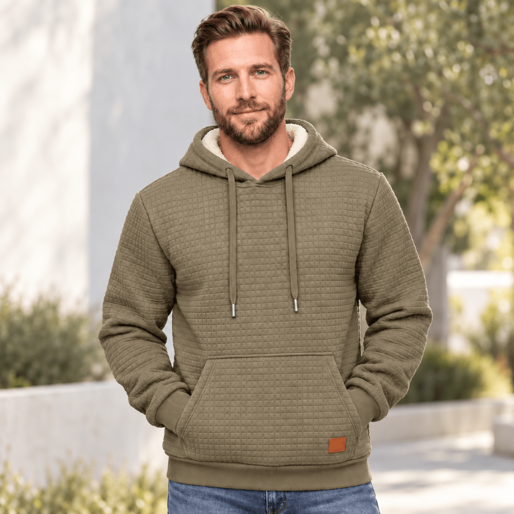 TACVASEN Khaki Men's Small Square Texture Hooded Pullover Shirt